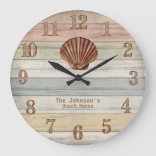 Beach Wood Nautical Stripes & Seashell Large Clock Grote Klok
