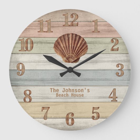Beach Wood Nautical Stripes & Seashell Large Clock Grote Klok (Voorkant)
