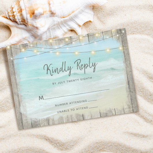 Beach Wood Rustic String Lights Wedding RSVP Kaartje