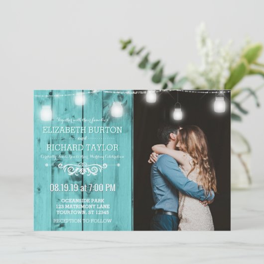 Beach Wood String Lights Foto Weddenschap Kaart (Staand voorkant)