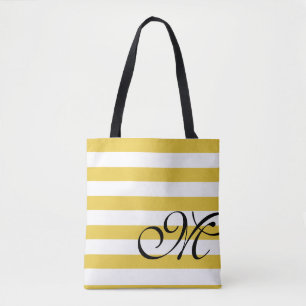 Beach Yellow & White Stripes Monogram Chic Tote Bag