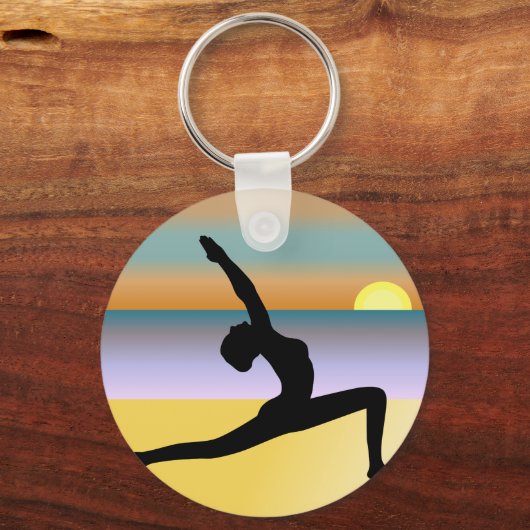 Beach Yoga Woman Posing Silhouette Round Sleutelha Sleutelhanger (Voorkant)