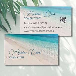 Beach Zee Calm Travel Aqua Blue QR Code Visitekaartje