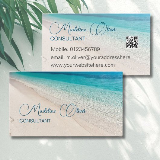 Beach Zee Calm Travel Aqua Blue QR Code Visitekaartje