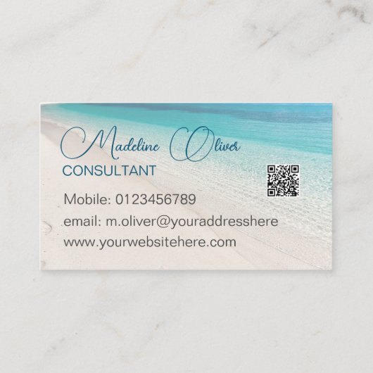 Beach Zee Calm Travel Aqua Blue QR Code Visitekaartje (Achterkant)