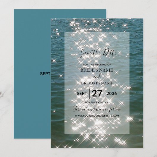 Beach Zee Water Sparkles Weduwen Save the Date (Voorkant / Achterkant)