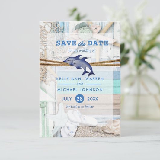 Beachfront Dolphin Wedding - Sla de datum op Save The Date (Staand voorkant)