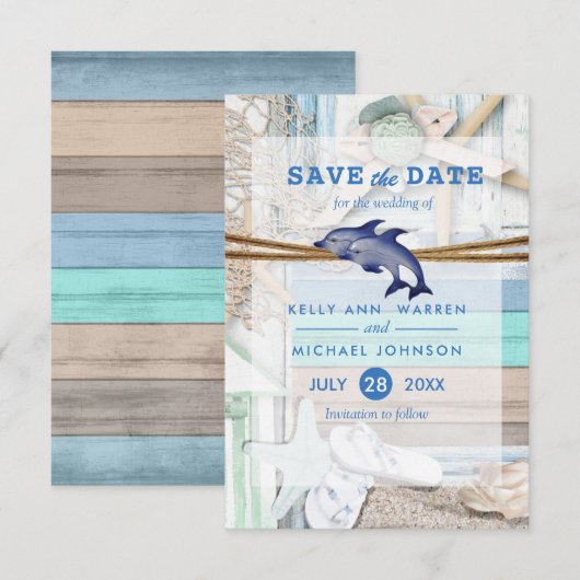 Beachfront Dolphin Wedding - Sla de datum op Save The Date (Voorkant / Achterkant)