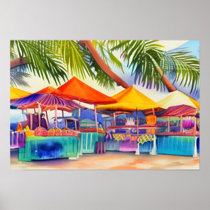 Beachfront Market Stalls Waterverf Poster