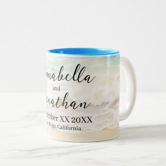 Beachscape Waves op een zandstrand bruiloft Tweekleurige Koffiemok (Voorkant rechts)