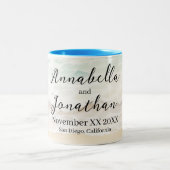 Beachscape Waves op een zandstrand bruiloft Tweekleurige Koffiemok (Center)