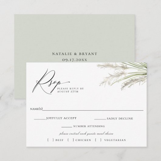 Beachside Pampas Grass Bruiloft RSVP Maaltijd Keuz (Voorkant / Achterkant)