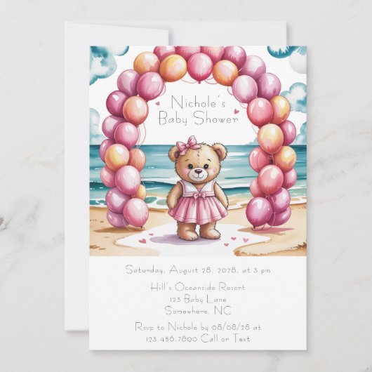 Beachside Teddy Bear Balloon Girl Baby shower Kaart (Voorkant)