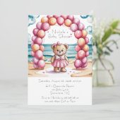 Beachside Teddy Bear Balloon Girl Baby shower Kaart (Staand voorkant)