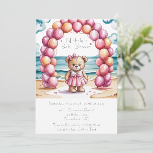 Beachside Teddy Bear Balloon Girl Baby shower Kaart (Staand voorkant)