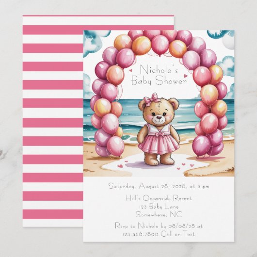 Beachside Teddy Bear Balloon Girl Baby shower Kaart (Voorkant / Achterkant)