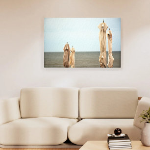 Beachside Umbrellas Golden Twilight Foto Canvas Afdruk