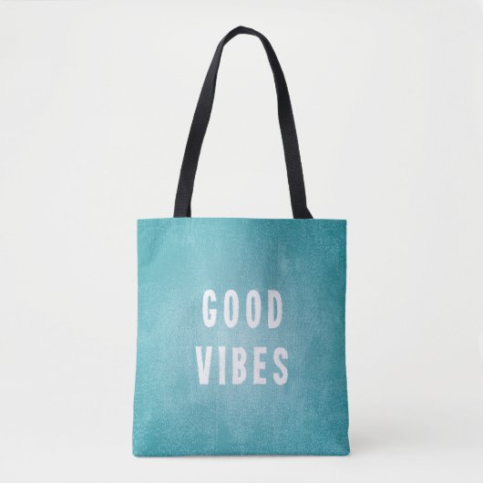Beachy Aqua Blue/Green Distress Print Good Vibes Tote Bag (Voorkant)
