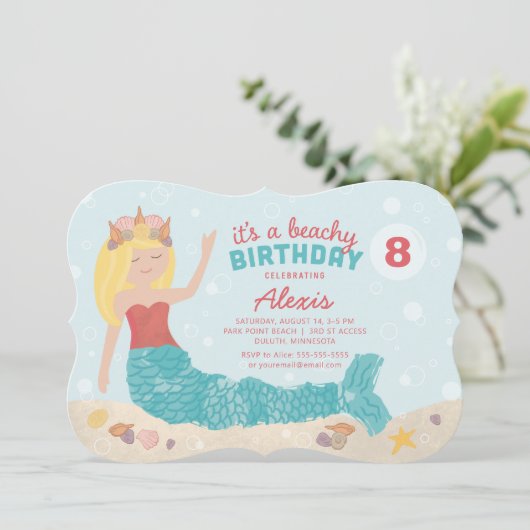 Beachy Birthday Mermaid Invitation Peach Blauwgroe Kaart (Staand voorkant)