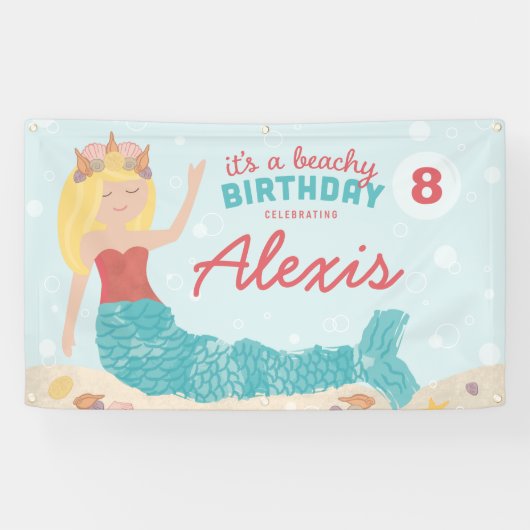 Beachy Birthday Mermaid Peach Blauwgroen banner (Horizontaal)