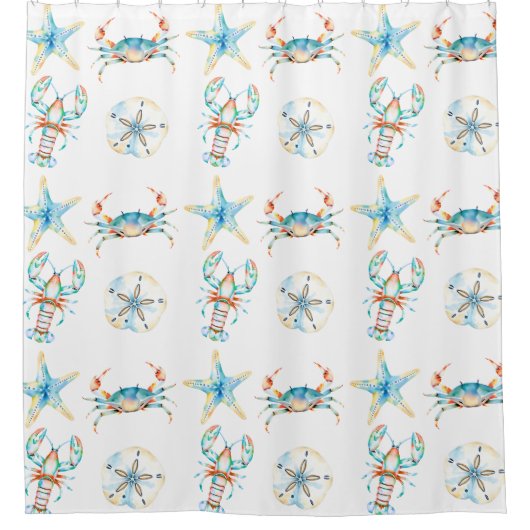 Beachy Blue Crab, Kreeft, Zeester, Zanddollar Douchegordijn (Voorkant)