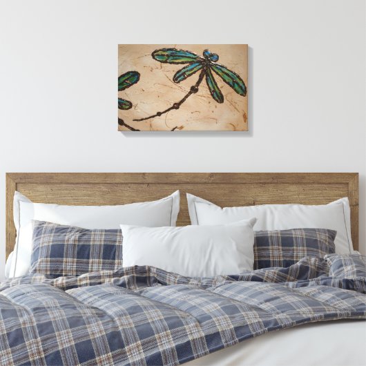 Beachy Blue en Green Dragonfly Flit Canvas Afdruk (Insitu (Slaapkamer))
