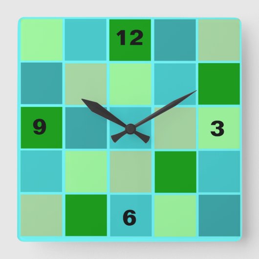 Beachy Blue en Green Squares Vierkante Klok (Voorkant)