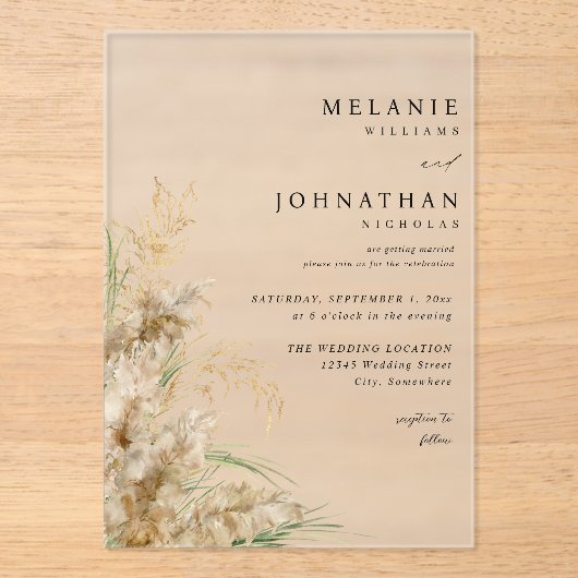Beachy Boho Pampas Grass Wedding 2 Acryl Uitnodigingen (Voorkant)