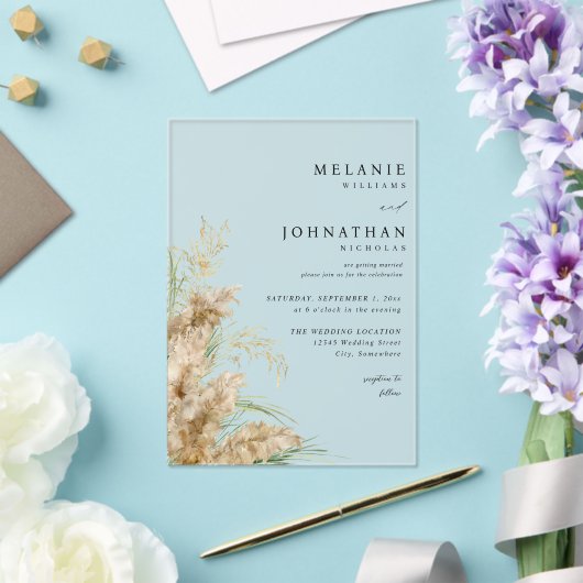 Beachy Boho Pampas Grass Wedding 2 Acryl Uitnodigingen (Insitu (Huwelijk))