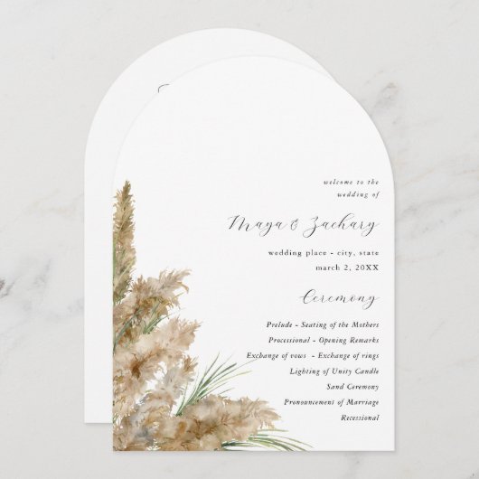 Beachy Boho Pampas Grass Wedding Program Arch Kaart (Voorkant / Achterkant)