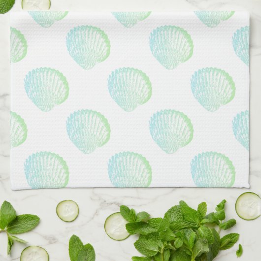 Beachy Coastal Seafoam Green Seashells Theedoek (Gevouwen)