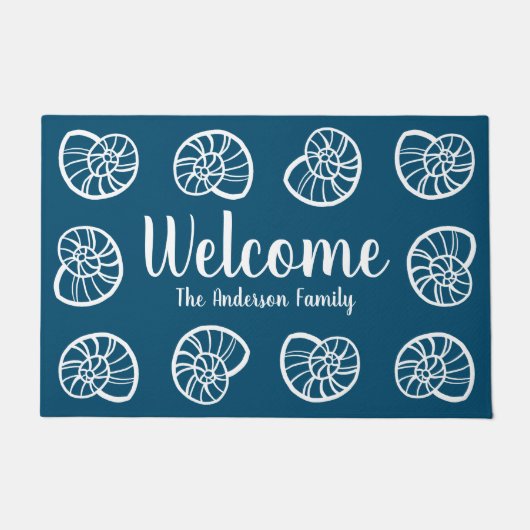 Beachy Coastal White Seashells & Navy Blue Deurmat (Voorkant)