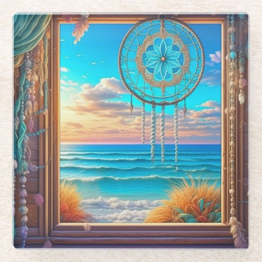  Beachy Dreamcatcher op Venster Glazen Onderzetter (Voorkant)
