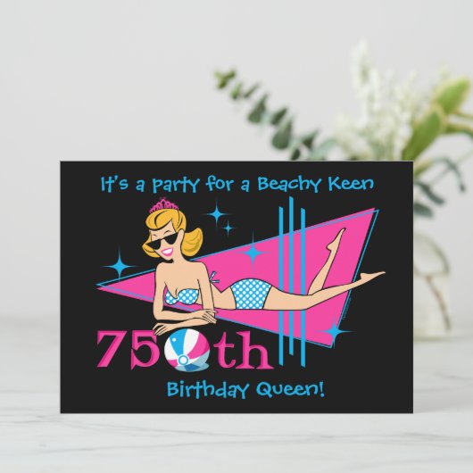 Beachy Keen 75th Birthday Custom Invitations Kaart (Staand voorkant)