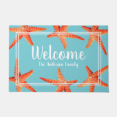 Beachy Nautical Red Starfish Welkom & familienaam Deurmat (Voorkant)