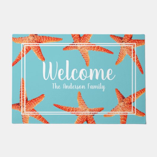Beachy Nautical Red Starfish Welkom & familienaam Deurmat (Voorkant)