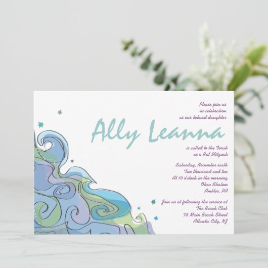 Beachy Ocean Wave Bar Bat Mitzvah Uitnodiging (Staand voorkant)