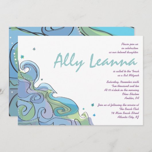 Beachy Ocean Wave Bar Bat Mitzvah Uitnodiging (Voorkant / Achterkant)