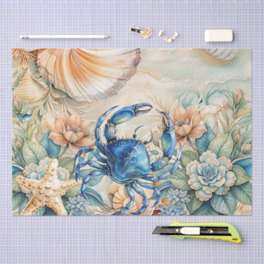 Beachy Pastel Blauw Krab & Schelpen Decoupage  Tissuepapier (Craft)