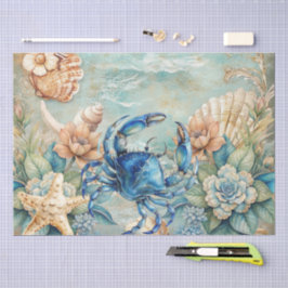 Beachy Pastel Blauwe Krab & Schelpen Decoupage  Tissuepapier