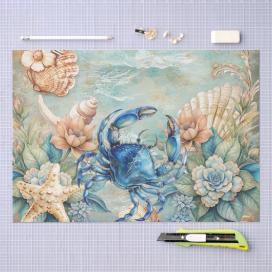 Beachy Pastel Blauwe Krab & Schelpen Decoupage Tissuepapier (Craft)