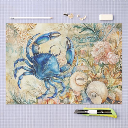 Beachy Pastel Blauwe Krab & Schelpen Decoupage  Tissuepapier (Craft)