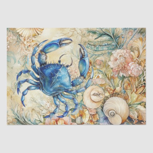 Beachy Pastel Blauwe Krab & Schelpen Decoupage  Tissuepapier (Voorkant)