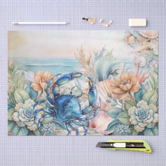 Beachy Pastel Blauwe Krab & Schelpen Decoupage Tissuepapier (Craft)