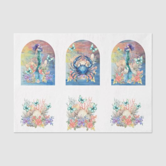 Beachy Pastel  Bloemige Zeemeermin & Schelpen Deco Tissuepapier (Voorkant)