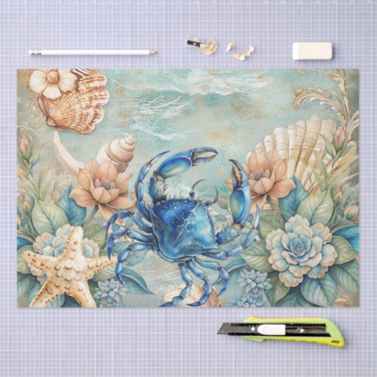 Beachy Pastel  Blue Crab & Shells Decoupage  Tissuepapier (Craft)