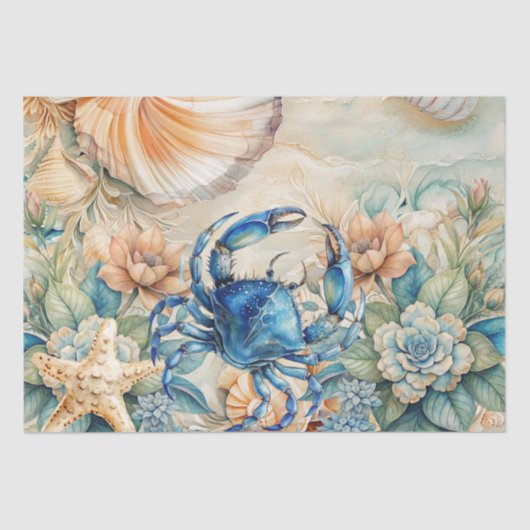 Beachy Pastel Blue Crab & Shells Decoupage Tissuepapier (Voorkant)