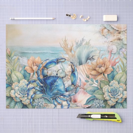 Beachy Pastel  Blue Crab & Shells Decoupage  Tissuepapier (Craft)
