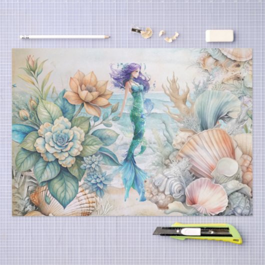 Beachy Pastel  Floral Mermaid & Shells Decoupage  Tissuepapier (Craft)