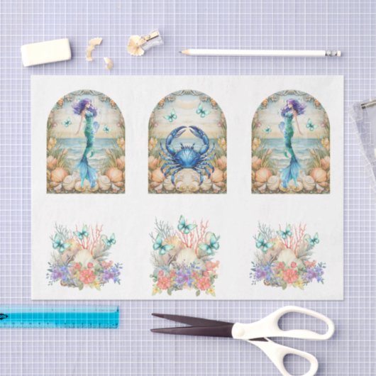Beachy Pastel  Floral Mermaid & Shells Decoupage  Tissuepapier (Craft)